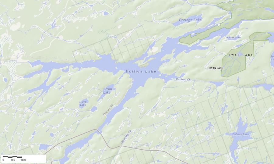 Topographical Map of Dollars Lake in Municipality of Unincorporated and the District of Parry Sound
